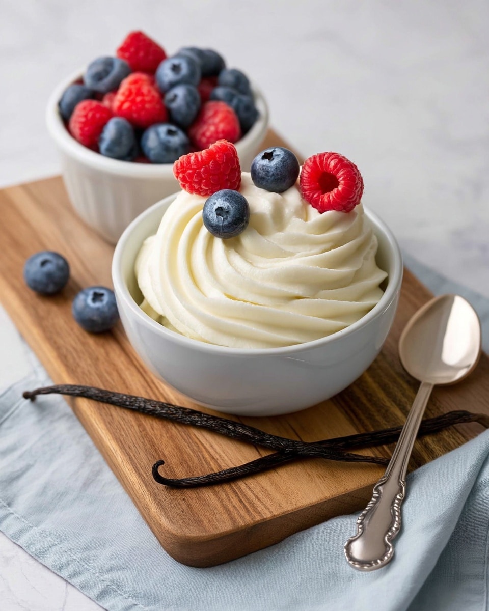 A white bowl filled with swirls of smooth, creamy white whipped cream sits on a white marbled surface. Behind it, there is a smaller white bowl filled with fresh red raspberries and blue blueberries. A few loose berries are scattered on the marbled surface next to the bowls. A silver spoon with an ornate handle lies in front of the whipped cream bowl, and a soft gray cloth is casually draped in the background. Photo taken with an iphone --ar 4:5 --v 7