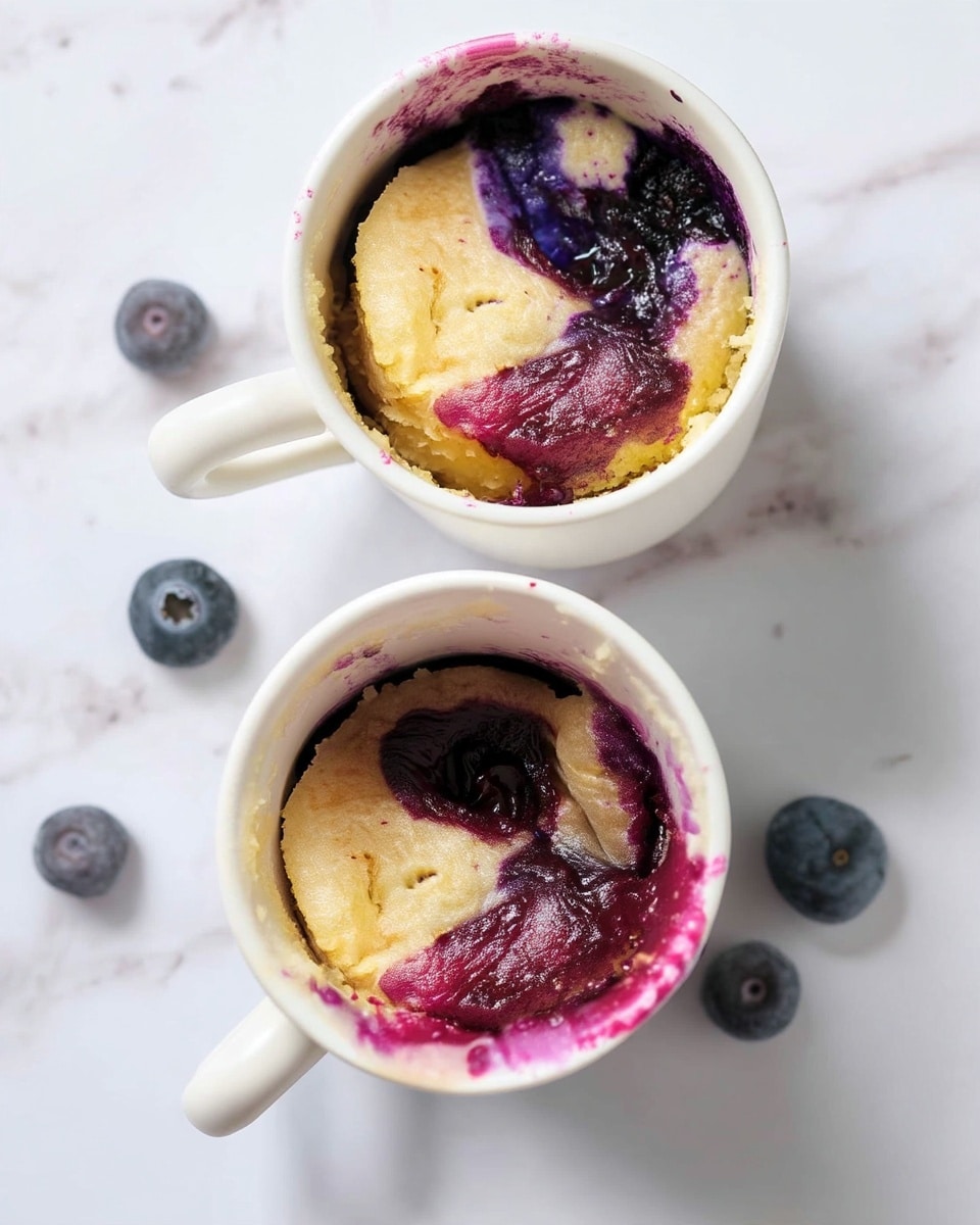 The image shows a close-up of two white mugs filled with a baked dessert, each with one main layer of light golden cake and patches of thick dark purple blueberry filling swirled on top and along the edges. The inside rim of the mugs is stained with the purple sauce, with some dripping down the outside. The mugs are placed on a white marbled surface, with a few fresh blueberries scattered around. The texture of the cake looks soft and moist, while the blueberry filling appears glossy and dense. photo taken with an iphone --ar 4:5 --v 7