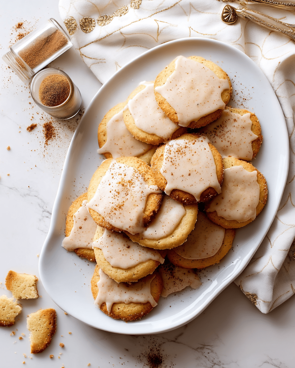 A white oval plate holds a pile of round cookies, each with one layer and topped with a creamy, light beige icing sprinkled lightly with cinnamon or spice. The cookies are golden brown with a slightly rough texture around the edges, and the icing covers roughly half to most of each cookie, dripping slightly over the sides. The plate sits on a white marbled surface next to a light cream-colored cloth with a subtle gold pattern. Some broken cookie pieces are scattered around the plate, and two small glass spice jars with brown powder are placed nearby. photo taken with an iphone --ar 4:5 --v 7