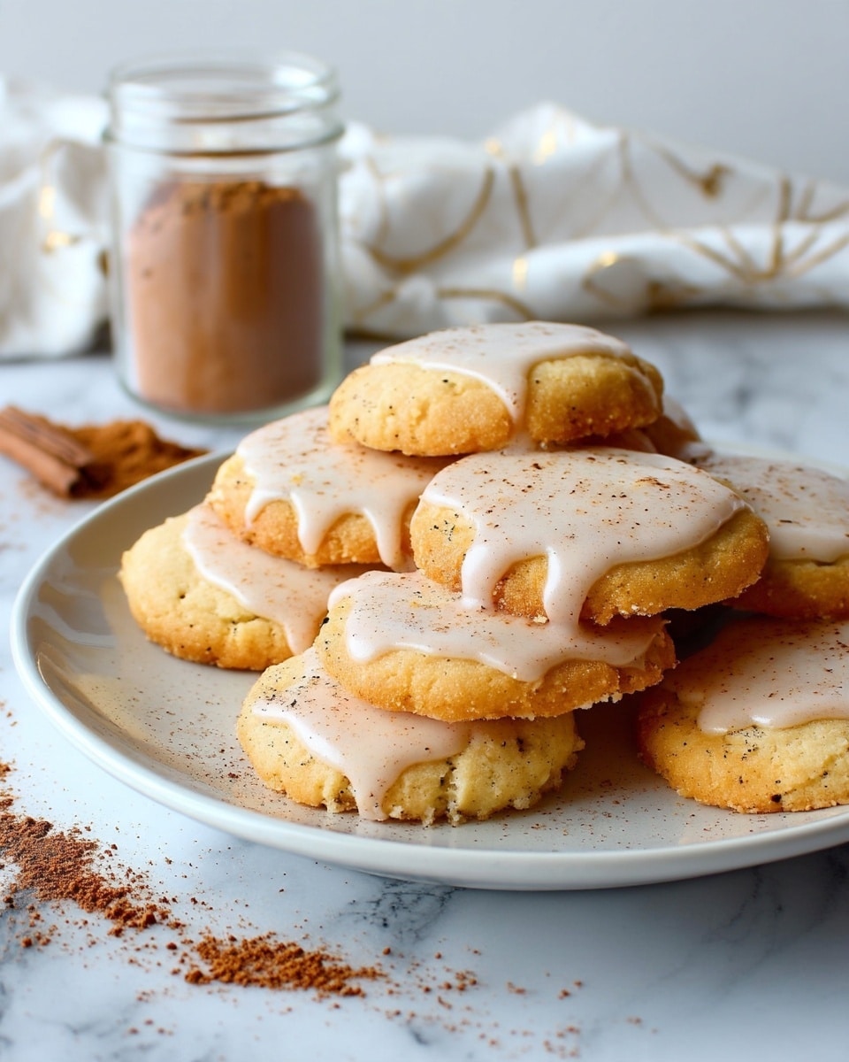 A close-up of a white plate with about eight golden-brown cookies piled on top of each other, each cookie covered with a slightly uneven layer of light beige icing that has small brown speckles throughout. The cookies have a rough, crumbly texture around the edges that look crisp while the icing creates a smooth, glossy finish with some drips down the sides. In the background, there is a white marbled texture surface and a small glass jar tipped over with cinnamon powder spilled near the plate. A white cloth with a subtle gold pattern is partially visible behind the plate. photo taken with an iphone --ar 4:5 --v 7