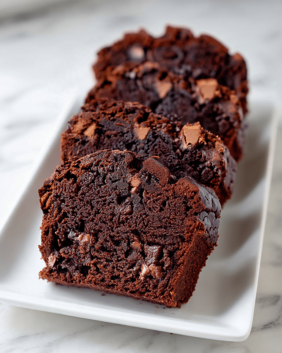 The image shows four thick slices of dark chocolate cake arranged in a row on a white plate. The cake has a rough, cracked top texture with a shiny, moist look, and inside, it is dense and rich with visible chunks of lighter brown chocolate pieces spread throughout. The color of the cake is a deep, dark brown, almost black in places, giving it a fudgy appearance. The plate sits on a white marbled surface, adding to the clean and simple setting. Photo taken with an iphone --ar 4:5 --v 7