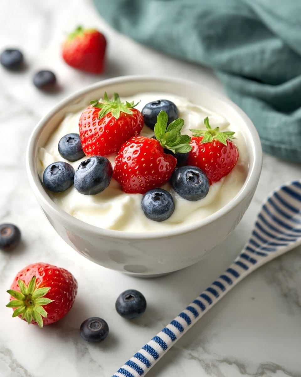 A white bowl filled with creamy white yogurt topped with glossy red strawberries with green tops and plump deep blue blueberries. The bowl is placed on a white marbled surface with a few blueberries and strawberries scattered around it. A blue and white striped ceramic spoon lies in the front right of the bowl, and a folded green cloth is in the background. Photo taken with an iphone --ar 4:5 --v 7