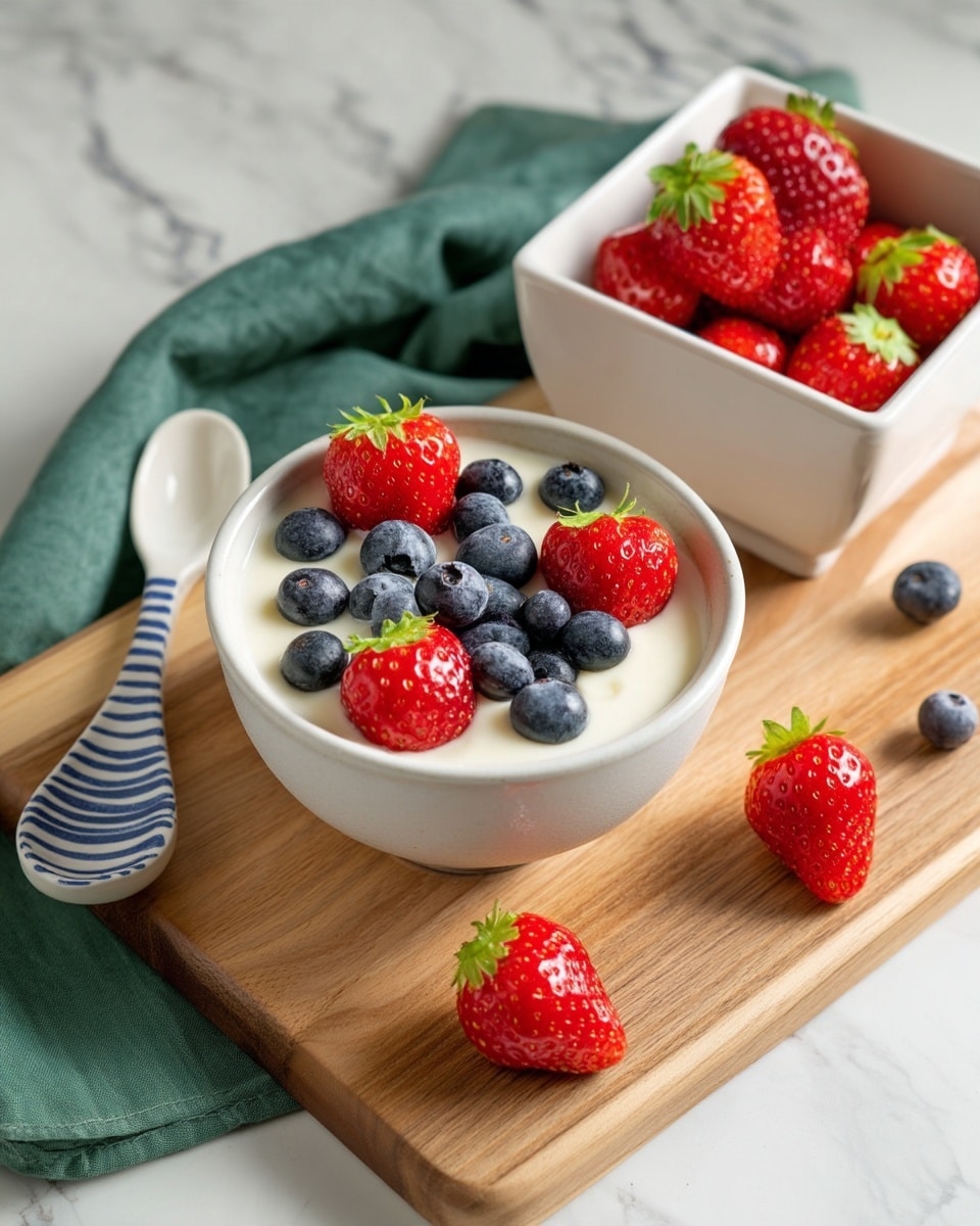 A small white bowl filled with a creamy white yogurt base, topped with fresh red strawberries and plump blue blueberries scattered evenly on top. The bowl sits on a wooden board, next to a square white bowl filled with more strawberries and blueberries. A white spoon with blue stripes lies on the wooden board to the right of the bowl, partially resting on a green cloth napkin. A couple of strawberries are placed on the white marbled surface in front. The background is a white marbled texture. Photo taken with an iphone --ar 4:5 --v 7