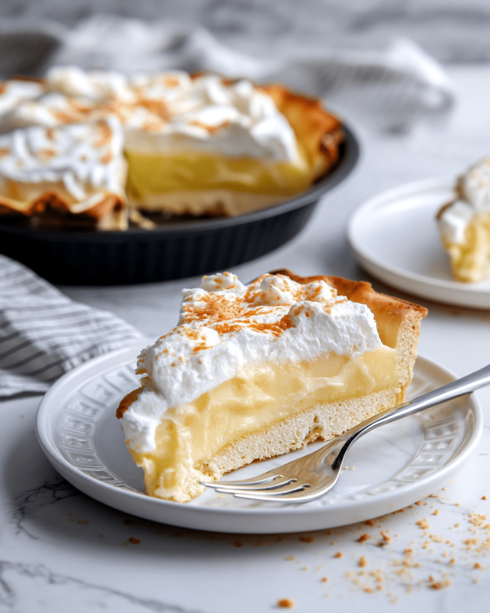 A slice of pie sits on a white plate with a silver fork beside it. The pie has three visible layers: a light golden-brown crust at the bottom with a slightly thick and crumbly texture, a smooth, pale yellow filling in the middle, and a thick, fluffy white topping with light brown toasted spots on the surface. In the background, there is the rest of the pie in a black pan with one slice missing, and another white plate with a small piece of pie on it. The surface is a white marbled texture with some scattered toasted crumbs. photo taken with an iphone --ar 4:5 --v 7