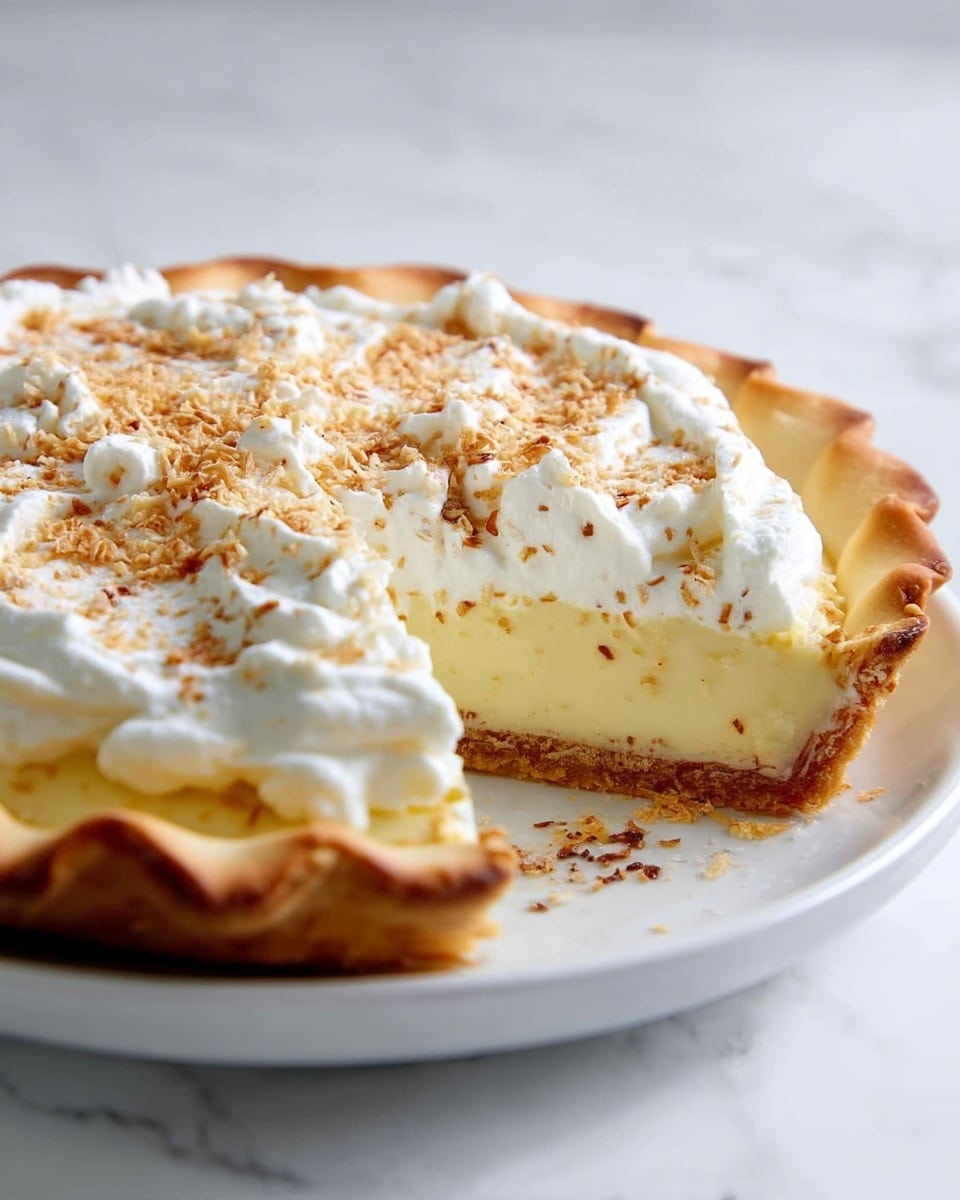 A pie with three visible layers is shown on a round white plate. The bottom layer is a golden-brown crust, thick with a crimped edge texture. Above it is a smooth, pale yellow custard filling that covers the whole crust. The top layer is a fluffy white whipped cream spread unevenly over the custard, sprinkled with small brown toasted flakes. The plate is on a table with a white marbled texture. Photo taken with an iphone --ar 4:5 --v 7