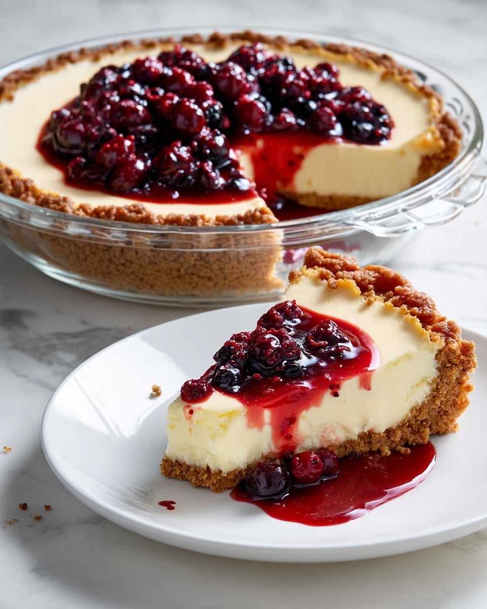 A creamy pale yellow cheesecake sits in a clear glass pie dish, with a thick, crumbly light brown crust around the edges. On top of the cheesecake is a glossy, deep red berry sauce with whole berries that add texture and shine. Next to the pie dish, a slice of the cheesecake is placed on a white plate, showing the smooth creamy layer above the crunchy crust, topped with the same shiny berry sauce that slightly drips onto the plate. The setting is on a white marbled surface with a small drop of berry sauce nearby. Photo taken with an iphone --ar 4:5 --v 7