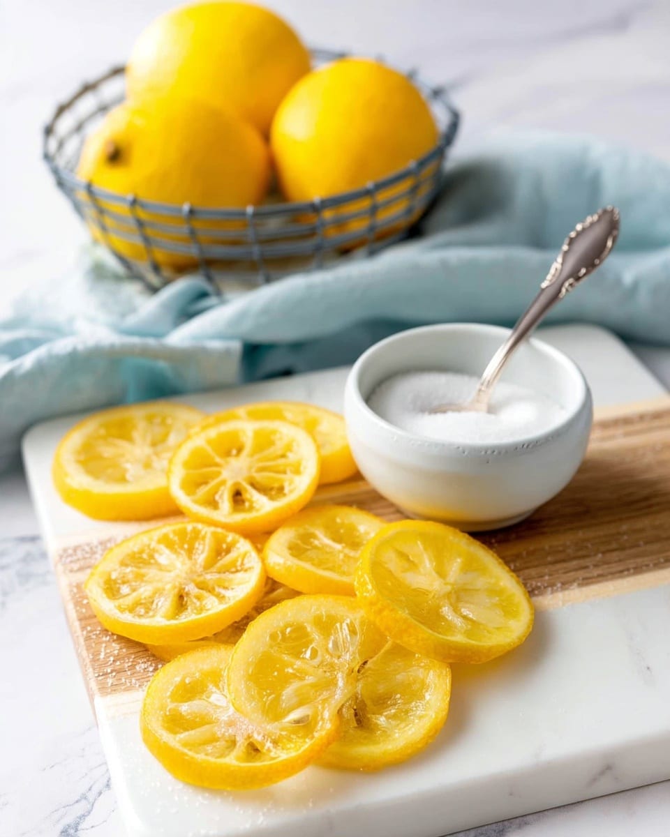Thin yellow lemon slices are laid out in two overlapping layers on a white and wood cutting board, showing their juicy, translucent texture with visible seeds and white pith edges. To the right of the lemon slices, there is a small white bowl filled with granulated sugar, with an ornate silver spoon sticking out of it. Behind the cutting board, three whole bright yellow lemons sit inside a wire basket. A soft light blue cloth is casually draped on a white marbled surface in the background. The whole scene is bright and clean with natural lighting. photo taken with an iphone --ar 4:5 --v 7