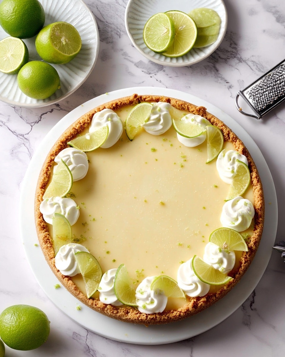 A round pie with a crumbly, light brown crust holds a smooth, pale yellow filling in the center. Around the edge of the filling, there are evenly spaced dollops of white whipped cream, each topped with thin, fresh lime slices that are bright green with a juicy texture. The pie is set on a white marbled surface with a small white plate holding whole and cut lime halves above it, while a metal grater with a black handle lies nearby. At the bottom right, a white plate supports a white pastry bag filled with cream. The overall image is bright, fresh, and inviting. photo taken with an iphone --ar 4:5 --v 7