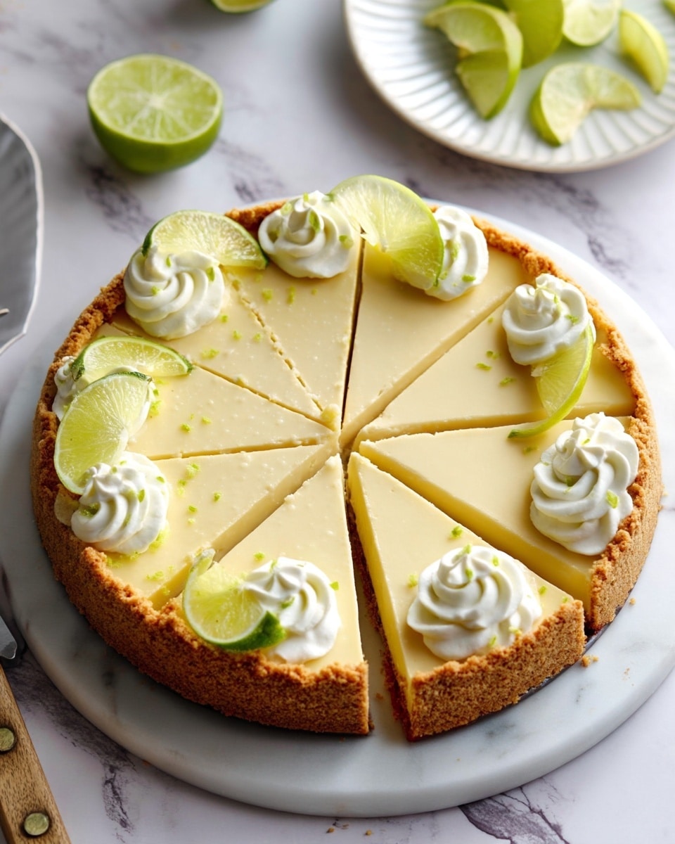 A round key lime pie with a thick, crumbly golden crust forming the base and edges, topped with a smooth, pale yellow lime filling. The pie is pre-cut into eight slices with visible cut lines. Around the edge, there are eight evenly spaced swirls of white whipped cream, each paired with a thin, bright green lime slice. The pie sits on a white marbled surface. In the background, there is a white plate with more lime slices and a wooden knife handle partially visible. photo taken with an iphone --ar 4:5 --v 7