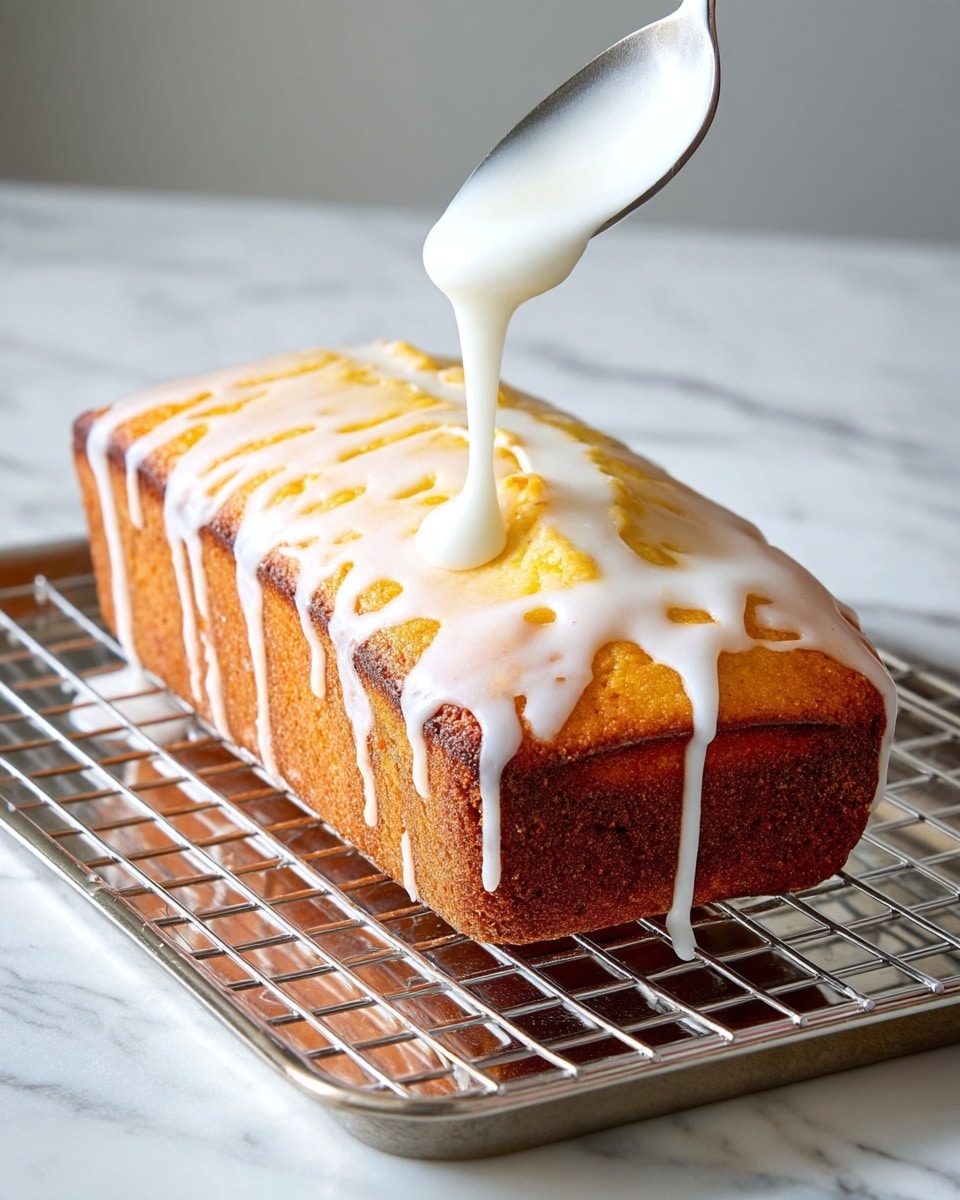 A single golden brown loaf cake sits on a silver metal cooling rack over a shiny silver tray, both placed on a white marbled surface. Thick, white glaze is being poured from a spoon onto the top of the cake, dripping down the sides and pooling slightly on the rack below. The cake has a firm crust with a slightly rough texture, while the glaze is smooth and glossy, creating a wet shine as it covers the warm cake. Photo taken with an iphone --ar 4:5 --v 7