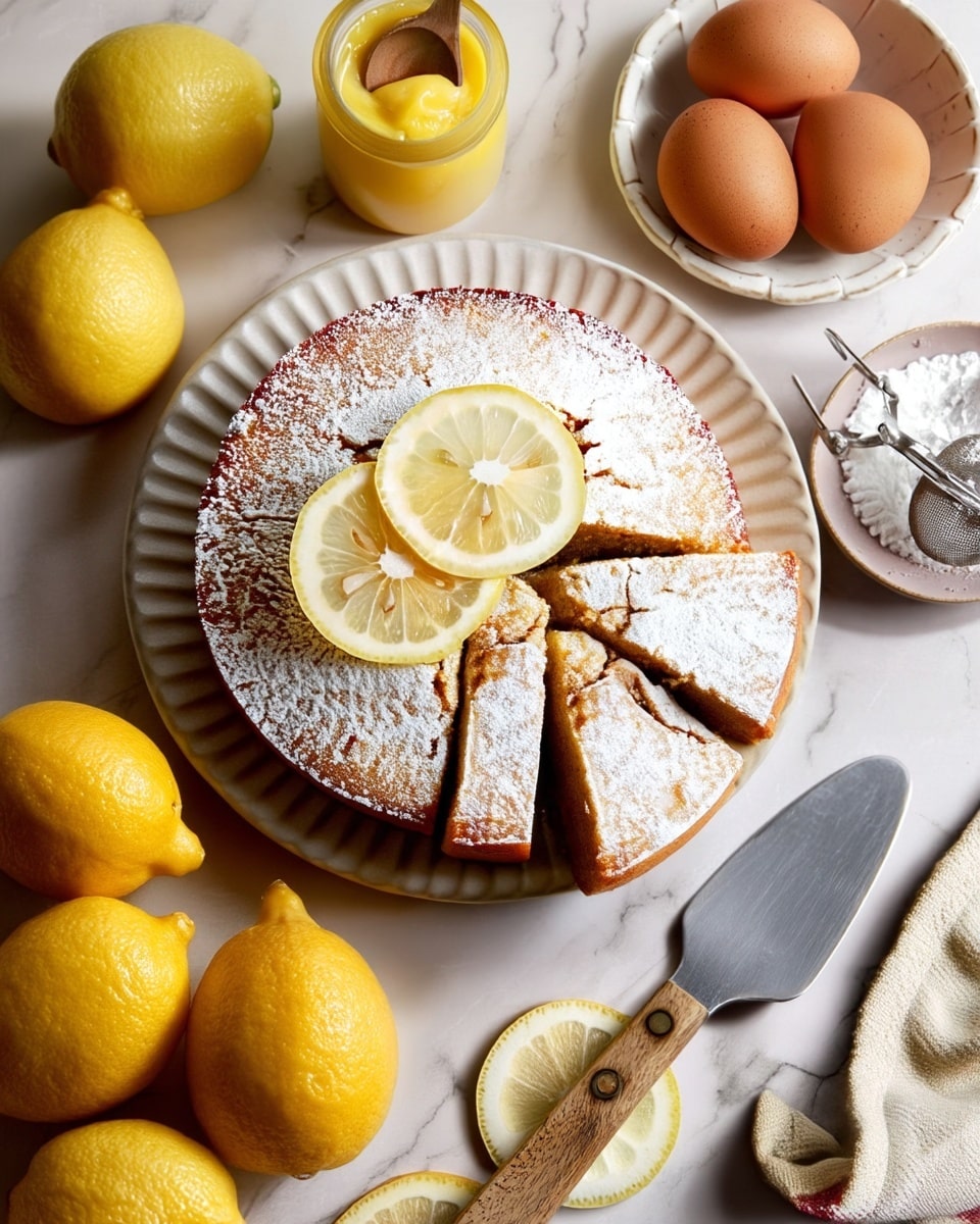 A single-layer lemon cake dusted generously with white powdered sugar sits on a white fluted plate, with three thin slices of bright yellow lemon placed on top near the center; two slices are positioned slightly overlapping each other while one slice lays flat on the white marbled surface nearby. The cake has three triangular slices cut out but still mostly together, exposing a light golden brown crumb inside. To the top right, a white plate holds three brown eggs, and at the top left, a jar of pale yellow lemon curd with a small wooden spoon stands next to two fresh whole lemons. At the bottom left, a small white bowl filled with powdered sugar sits with a metal sifter resting inside it. A metal cake server with a brown wooden handle is placed diagonally on the white marbled surface, just right of the cake. A beige cloth with a red stripe edge is loosely folded in the bottom right corner. Photo taken with an iphone --ar 4:5 --v 7