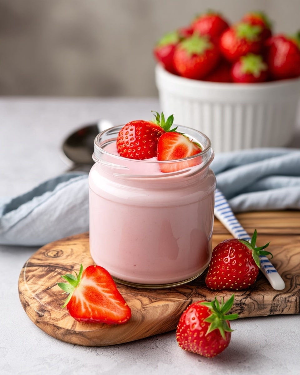 A clear glass jar filled with smooth, light pink strawberry yogurt sits on a rustic wooden board. On top of the yogurt, two fresh strawberries rest—one whole with a green leafy top and one sliced in half, showing its bright red inside. Around the jar, there are additional whole strawberries placed on the wooden board and white marbled surface. In the background, a white bowl is filled with more ripe red strawberries, and a soft light blue cloth lies nearby. Two dark vanilla pods are also placed on the white marbled surface near the wooden board. photo taken with an iphone --ar 4:5 --v 7