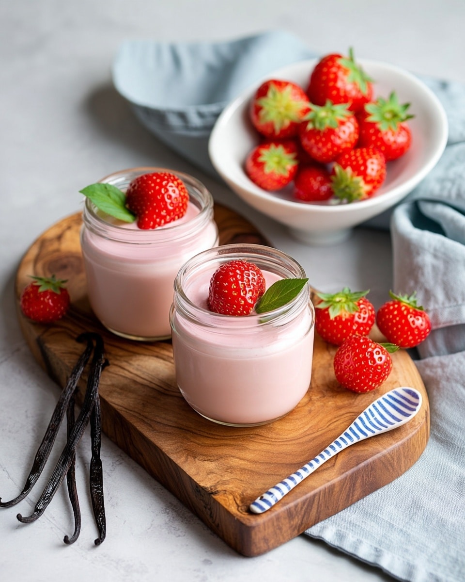 Two clear glass jars filled with a smooth, light pink strawberry yogurt topped with one whole bright red strawberry and one half strawberry on each jar are placed on a natural wood serving board with visible grain and knots. To the upper right, a white bowl holds several whole bright red strawberries with green leaves. Two whole strawberries lie near the jars on a white marbled surface. A blue and white striped ceramic spoon is placed on the wood board next to the jars. A light blue cloth is softly folded behind the bowl of strawberries. Photo taken with an iphone --ar 4:5 --v 7
