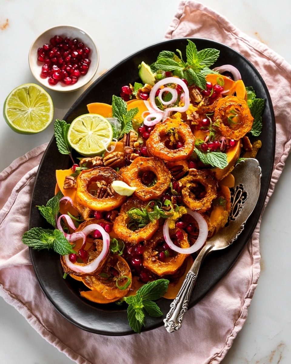 A dark oval plate sits on a soft pink cloth over a white marbled surface, filled with a colorful salad. The bottom layer is a mix of thin orange slices of squash, gently curved and slightly glossy. On top, there are browned roasted squash rings with a slightly crisp texture. Scattered throughout are bright red pomegranate seeds and small green mint leaves adding freshness. Thin pale pink rings of shallot are spread over the salad, creating a light contrast. A halved lime with a bright green interior rests on the left side of the plate, and a silver serving spoon with ornate detailing lays on the right edge. Around the plate are small white bowls holding lime zest, pomegranate seeds, pecans, and a few shallot rings on the white marbled surface. Photo taken with an iphone --ar 4:5 --v 7