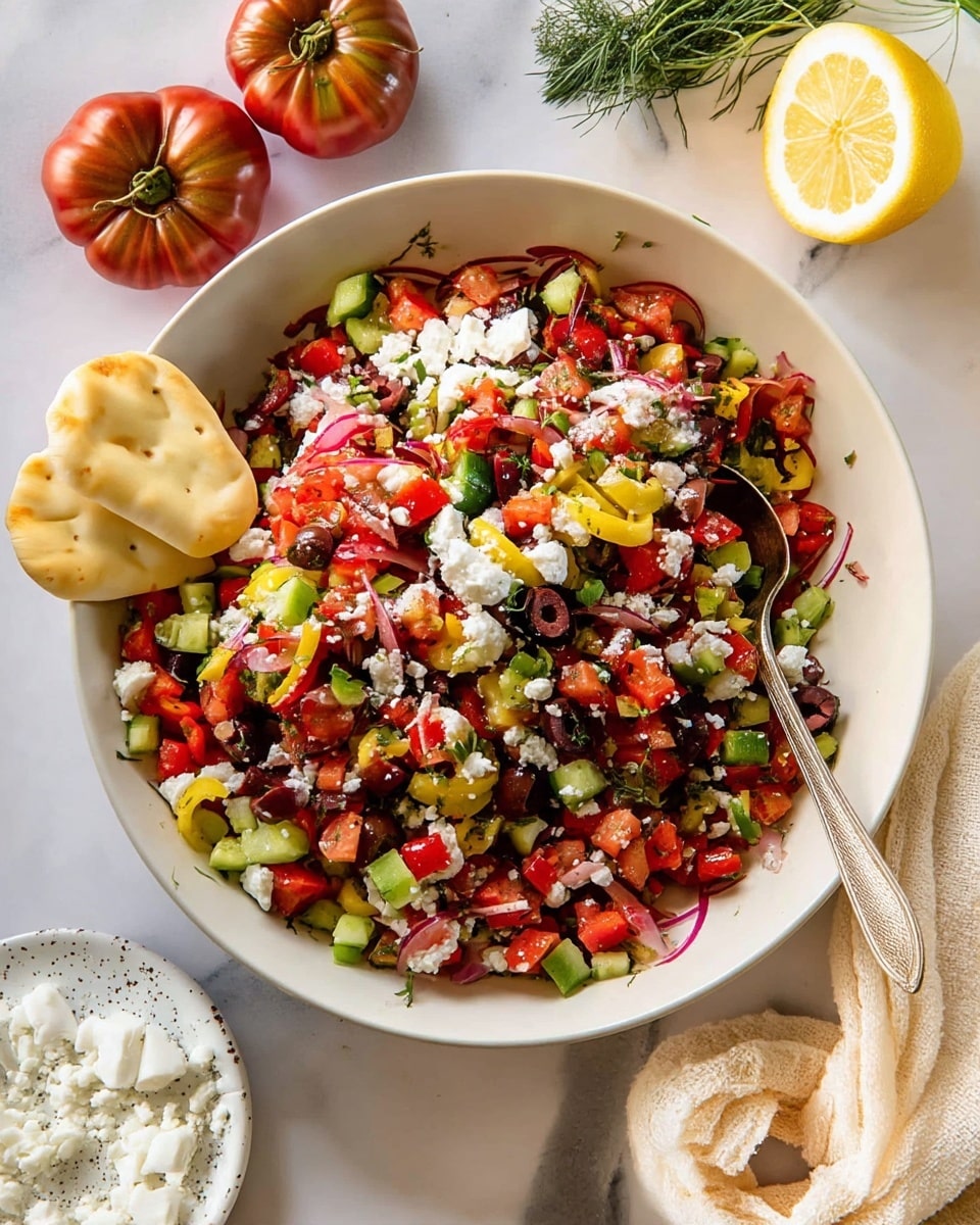 A large white bowl filled with a colorful chopped salad made of red diced tomatoes, green cucumber cubes, sliced black and green olives, thin slices of yellow peppers, and red onion strips. The salad is topped with scattered white crumbled cheese and small pieces of fresh green herbs. A silver spoon is placed inside the bowl on the right side. Two white crackers lean on the left edge of the bowl. Around the bowl on a white marbled surface, there are two heirloom tomatoes at the top left, a cut lemon and green herbs at the top right, a small plate of crumbled white cheese at the bottom left, a cluster of white crackers slightly below it, and a light beige cloth on the right side. photo taken with an iphone --ar 4:5 --v 7