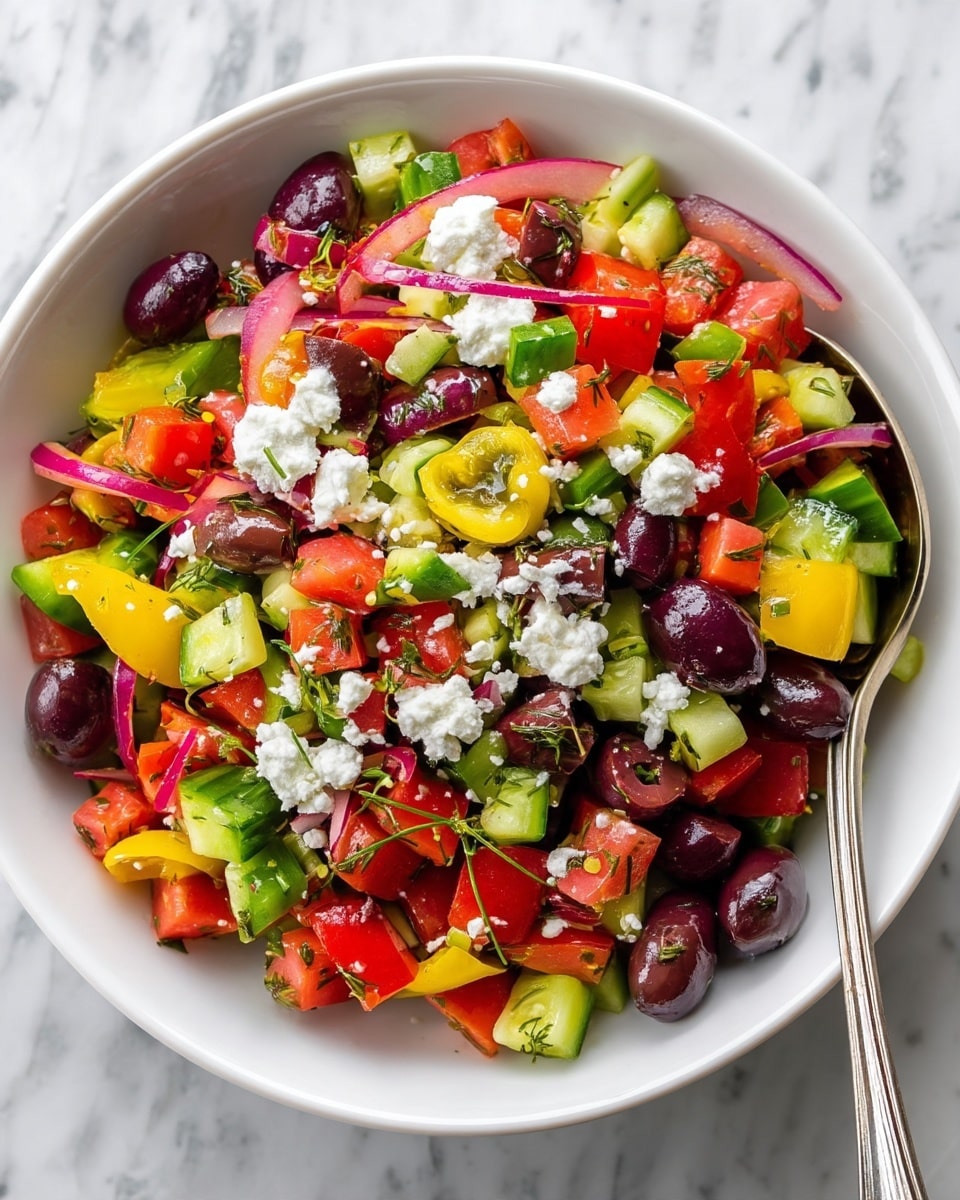 The image shows a fresh salad in a white bowl placed on a white marbled surface. The salad has many small pieces layered together: dark purple olives, bright red tomato chunks, green cucumber cubes, thin strips of red onion, and yellow pepper slices. On top, there are white crumbles of cheese scattered evenly over the colorful mix. Fine green herb sprigs are sprinkled throughout, adding a touch of freshness. A silver spoon is partially visible in the bottom right corner, resting inside the bowl. The colors are bright and vibrant, making the salad look fresh and tasty. photo taken with an iphone --ar 4:5 --v 7