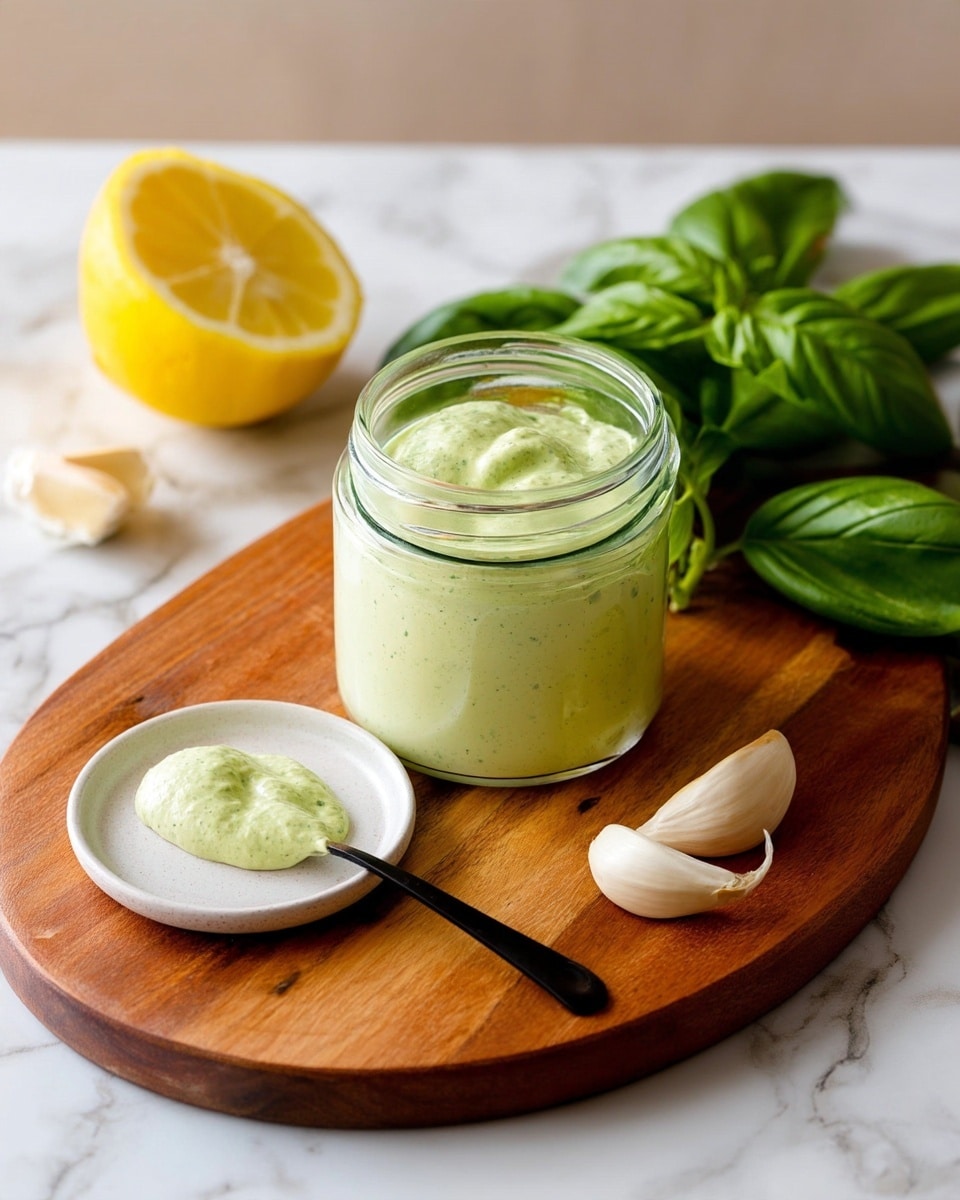A clear glass jar filled with a pale green creamy sauce sits on a round wooden cutting board. To the right, fresh dark green basil leaves rest on the board. In front of the jar, a white plate holds a small dollop of the same pale green sauce with a black spoon in it. To the left of the jar, a lemon half with bright yellow flesh and some white garlic cloves lie on a white marbled surface. Photo taken with an iphone --ar 4:5 --v 7