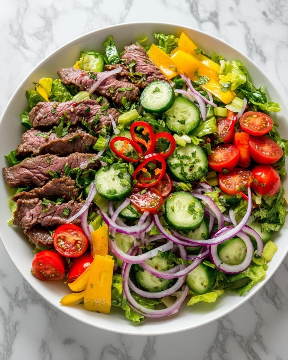 A large oval light gray plate filled with a layered salad; the base layer consists of chopped green lettuce and thinly sliced pale green cucumbers, topped with thin strips of medium pink cooked beef scattered evenly. There are thin orange carrot ribbons and small red cherry tomato halves placed throughout. Thin slices of red onion and small red chili rounds are spread on top with a garnish of finely chopped green herbs. Two silver serving spoons rest on the right side of the plate. The plate is set on a white marbled surface with a partially sliced lime, green herb sprigs, a glass of rose wine, and a white bowl containing more chopped green herbs around it. Photo taken with an iphone --ar 4:5 --v 7