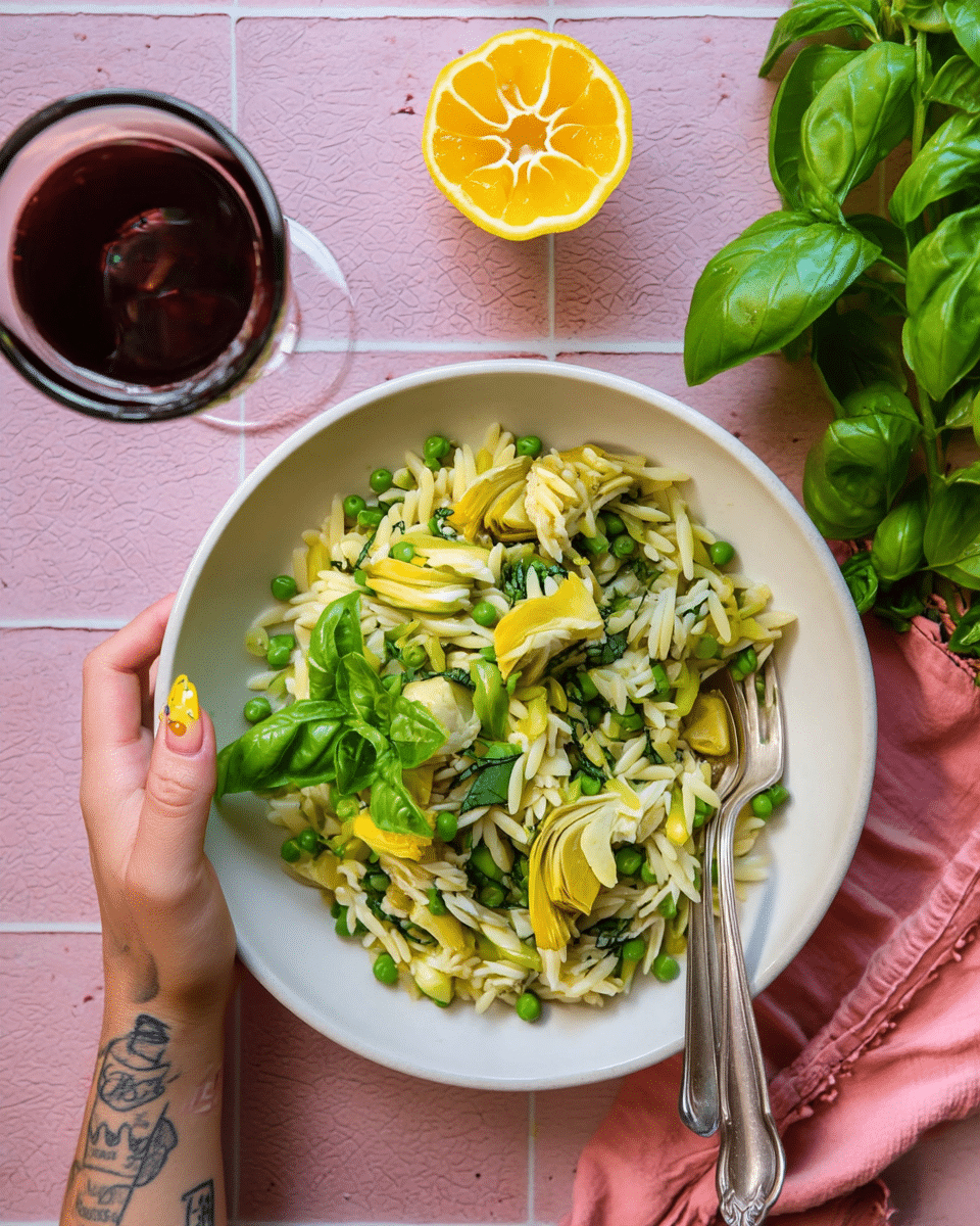 A white bowl filled with a pasta salad that has three main layers: a base of small orzo pasta mixed with green peas, slices of yellow artichoke hearts scattered throughout, and fresh green basil leaves topping the dish. A silver fork rests on the right edge of the bowl, being held by a woman's hand with yellow-tipped nails, poised to eat. In the upper left corner, a larger white bowl holds a similar orzo salad with green peas and artichoke hearts, topped with half a bright yellow lemon. On the left side, another woman's hand with a tattoo holds a glass of dark red wine. The setting is on a pink-tiled table, with a bunch of fresh basil on the right and a glass bottle with a white label and more dark red wine near the top right. A soft pink cloth is partially visible near the woman's hand. Photo taken with an iphone --ar 4:5 --v 7