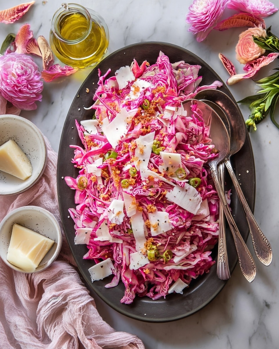 A large dark oval plate holds a layered salad with a base of pink and white leafy cabbage pieces mixed with some green slices, topped with thin white cheese shavings scattered all over. There are small bits of green chilies and golden-brown crumbs sprinkled on top. Two silver spoons rest on the right side of the plate. The scene is set on a white marbled surface with a glass jar of oil, a small white bowl with a piece of cheese, and a soft pink cloth on the lower left. Two pink flowers with green leaves sit on the upper right nearby. photo taken with an iphone --ar 4:5 --v 7
