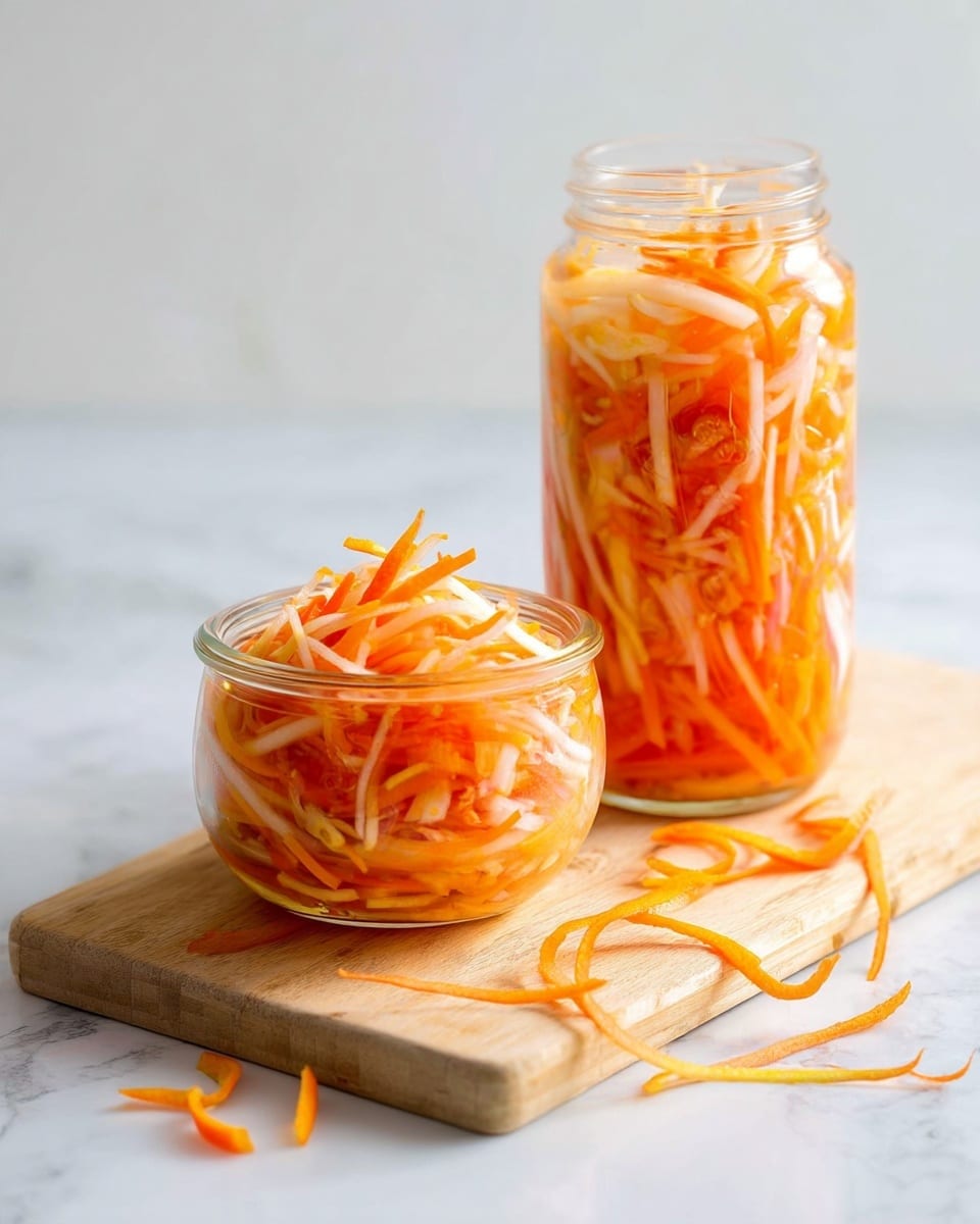 Two clear glass jars filled with thinly sliced pickled vegetables sit on a wooden board placed on a white marbled surface. The vegetables inside are mainly white and bright orange, arranged in vertical layers that blend together with a slightly wet texture, showing a mix of carrot and daikon radish strips. The smaller jar on the left is squat and round, with a wider mouth, while the taller jar on the right is slender and filled to the top, both without lids. Some loose vegetable strips are scattered around the board, adding a casual touch. The background is plain white, making the vibrant colors of the vegetables stand out clearly. photo taken with an iphone --ar 4:5 --v 7