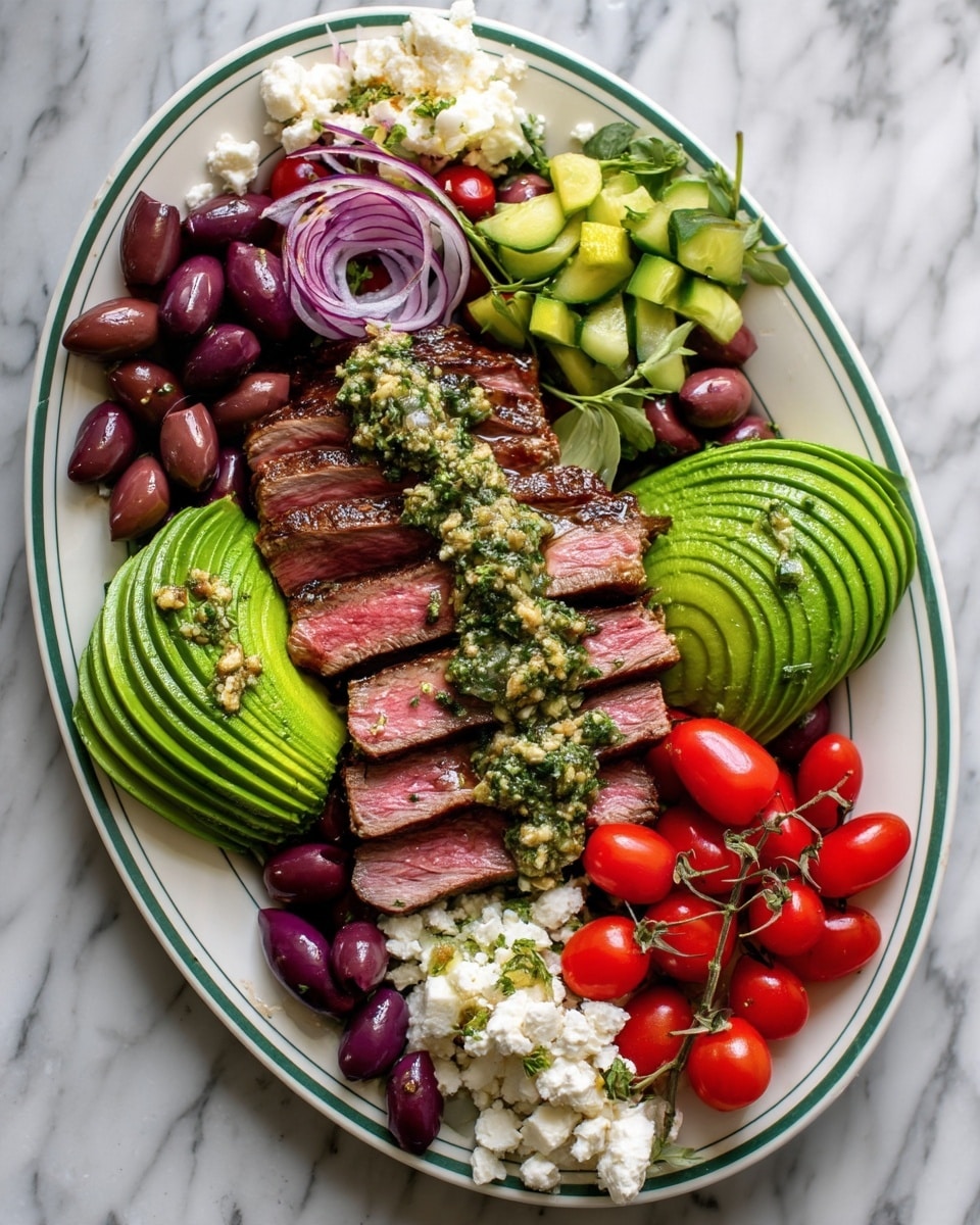 A large white oval plate holds a colorful salad arranged in sections around the edges and a sliced steak in the center. The steak is medium-rare with a warm pink inside and is topped with a green herb dressing, which looks slightly chunky. To the left and right of the steak are thinly sliced half-avocados, bright green with a smooth texture, also topped with a little of the dressing. On the top left and bottom right sections, there are piles of small white cottage cheese curds and diced light green cucumbers mixed with darker purple olives. Next to the steak on the upper and lower sides are thinly sliced rings of red onion, and clusters of vibrant red cherry tomatoes on the vine. A gold spoon rests on the right side of the plate. The plate is placed on a white marbled surface with a small bowl of coarse salt and some greenery in the background. photo taken with an iphone --ar 4:5 --v 7