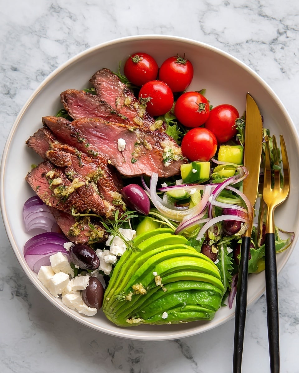 A white plate on a white marbled surface holds a colorful meal arranged in separate sections: on the bottom left, there is a layered fan shape of bright green avocado slices with a smooth texture; above it to the left are thin slices of medium-rare steak with a pink center and brown edges, topped with green herb sauce; to the top right of the steak are small bright red cherry tomatoes still on the vine; at the center right is a mixed salad of purple olives, sliced light purple onions, green cucumber chunks, and leafy greens, sprinkled with white cheese crumbles. A gold fork and black-handled knife rest on the right side of the plate. Photo taken with an iphone --ar 4:5 --v 7