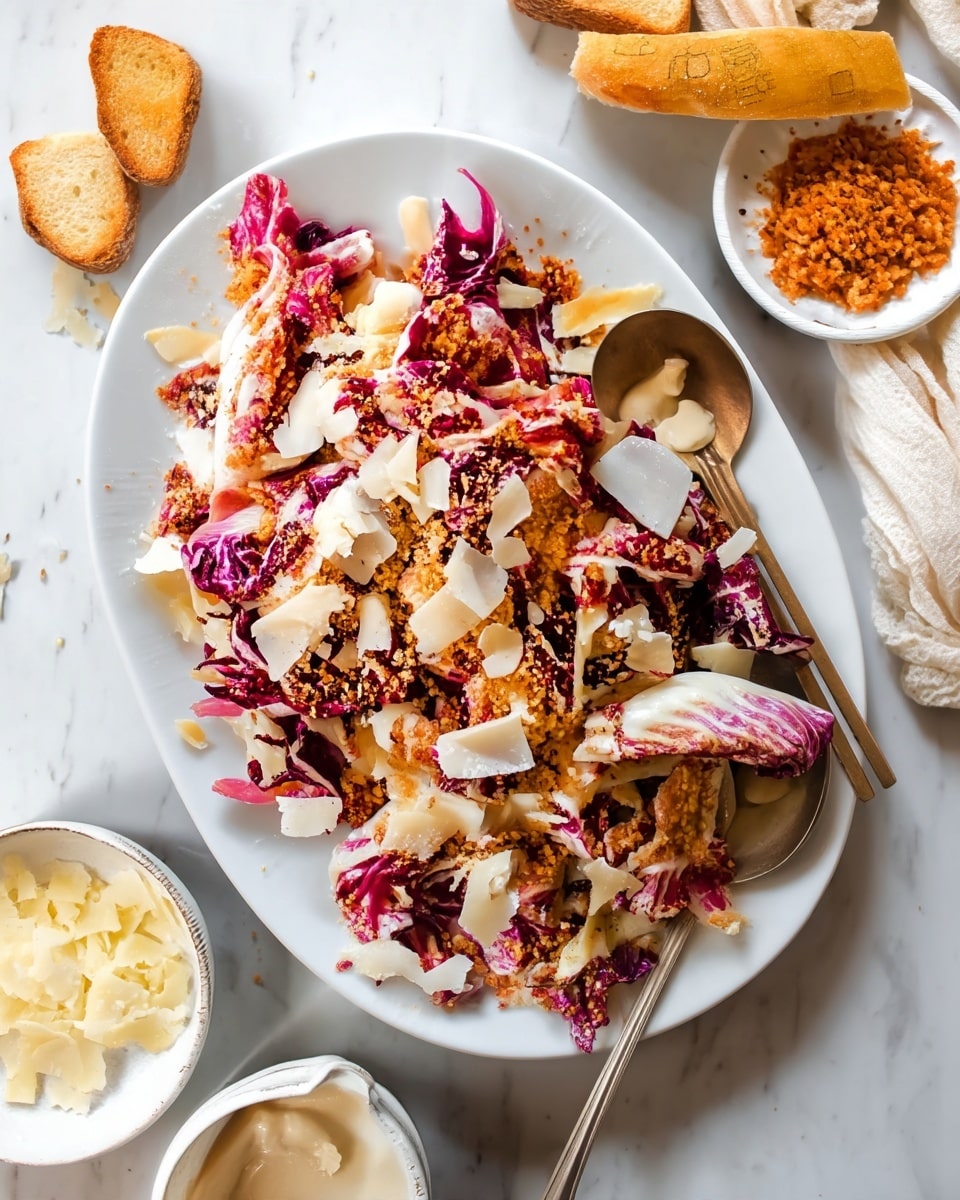 The dish is served on a white oval plate set on a white marbled surface. It has layers of torn light purple and white radicchio leaves mixed together. On top, there is a sprinkling of coarse golden-brown breadcrumbs, and thin pale yellow cheese shavings are scattered over the salad. A large golden spoon with a wooden handle is placed to the right side of the plate. Around the plate, there are small white bowls containing creamy dressing and extra crumbs. A piece of light brown bread rests above one of the bowls. photo taken with an iphone --ar 4:5 --v 7