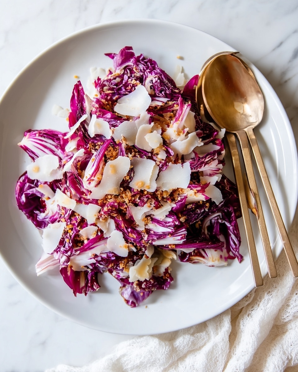 The image shows a white round plate with a salad made of deep purple and white radicchio leaves as the base layer, giving a mix of rich violet and creamy white colors with a slightly crinkled texture. On top of the leaves, there is a generous layer of fine golden brown breadcrumbs, adding a crunchy texture and warm color. Scattered over the breadcrumbs are thin shavings of pale yellow cheese, adding a delicate, smooth texture with slightly curled edges. To the right side of the plate, a golden spoon and fork rest on the edge, and the scene is set on a white marbled surface with a soft beige cloth partially visible. photo taken with an iphone --ar 4:5 --v 7