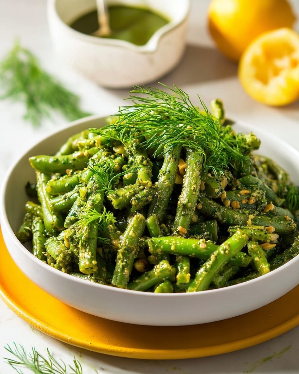 The image shows a close-up of a white plate full of green beans that are coated in a thick, coarse green sauce with small bits of herbs and spices visible. The beans are short and cut into small segments, arranged closely and piled in the center of the plate. Bright green sprigs of fresh dill are sprinkled on top, adding extra texture and color contrast. The white plate is set on a yellow plate, both resting on a surface with a white marbled texture. In the background, there is a small white bowl with a similar green sauce and a slice of lemon, slightly out of focus. Photo taken with an iphone --ar 4:5 --v 7