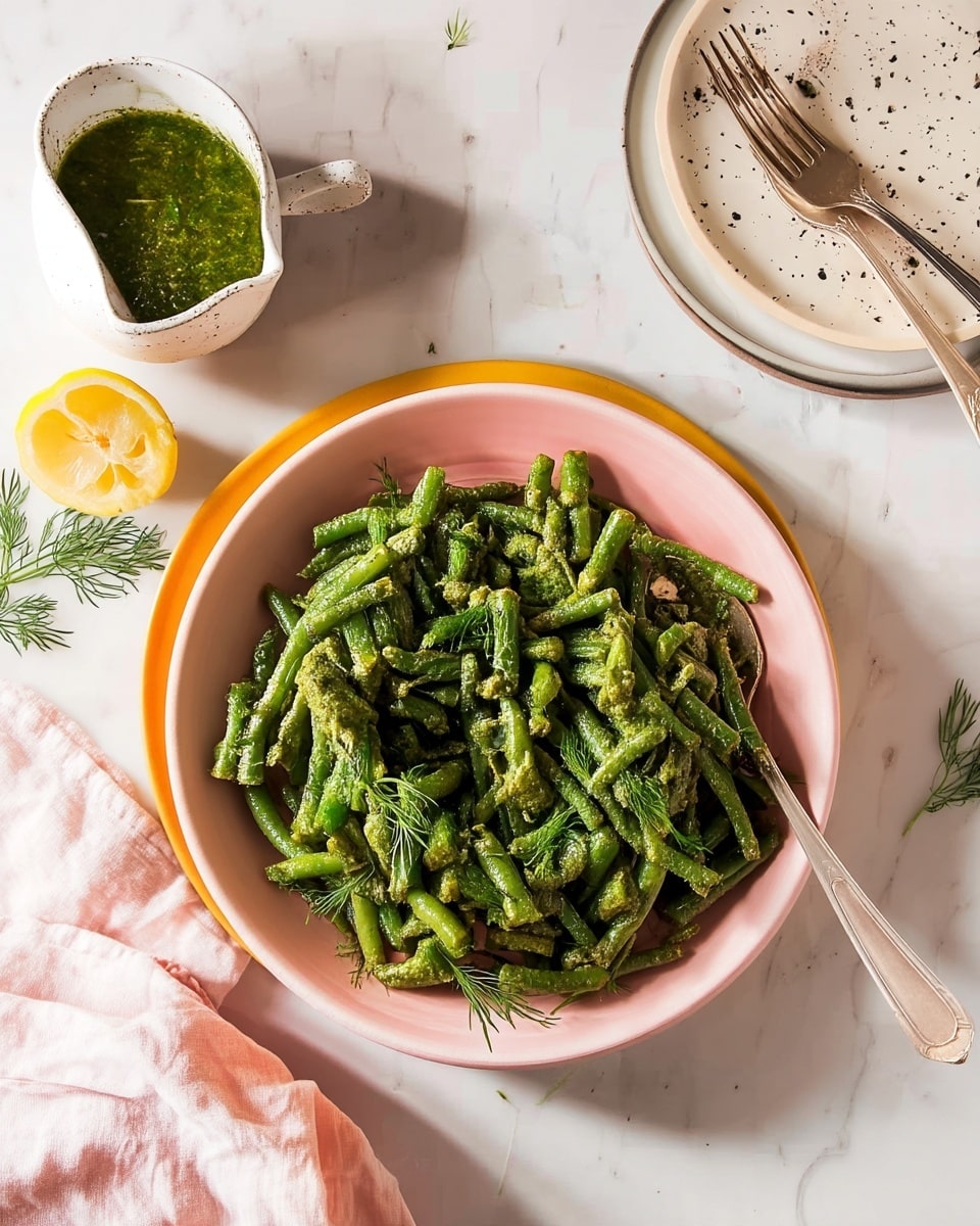 A close-up view of a pink plate sitting on a slightly larger yellow plate filled with chopped green beans coated in a green herb sauce, sprinkled with small bits of seasoning and garnished with fresh dill sprigs. A silver spoon rests on the right side of the plate. To the top left, there is a small white pitcher with green sauce next to a halved lemon, and at the top right, two silver forks lie on a white plate with black specks. The scene is set on a white marbled surface with a folded soft pink cloth at the bottom left corner. photo taken with an iphone --ar 4:5 --v 7