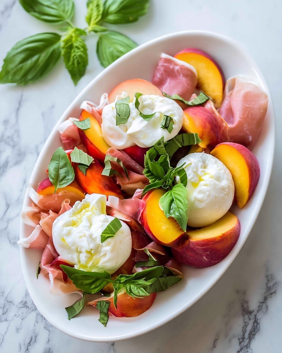 A white plate holds a fresh dish made of several layers arranged closely together. The bottom layer shows slices of ripe peach with bright orange and red tones, partly covered by thin folds of pink prosciutto. On top of these are three large, soft, and creamy white burrata cheese balls with a smooth texture. Scattered around and on the cheese and fruit are torn pieces of deep green fresh basil leaves. The entire plate sits on a white marbled surface, with a few basil leaves placed casually nearby. Photo taken with an iphone --ar 4:5 --v 7