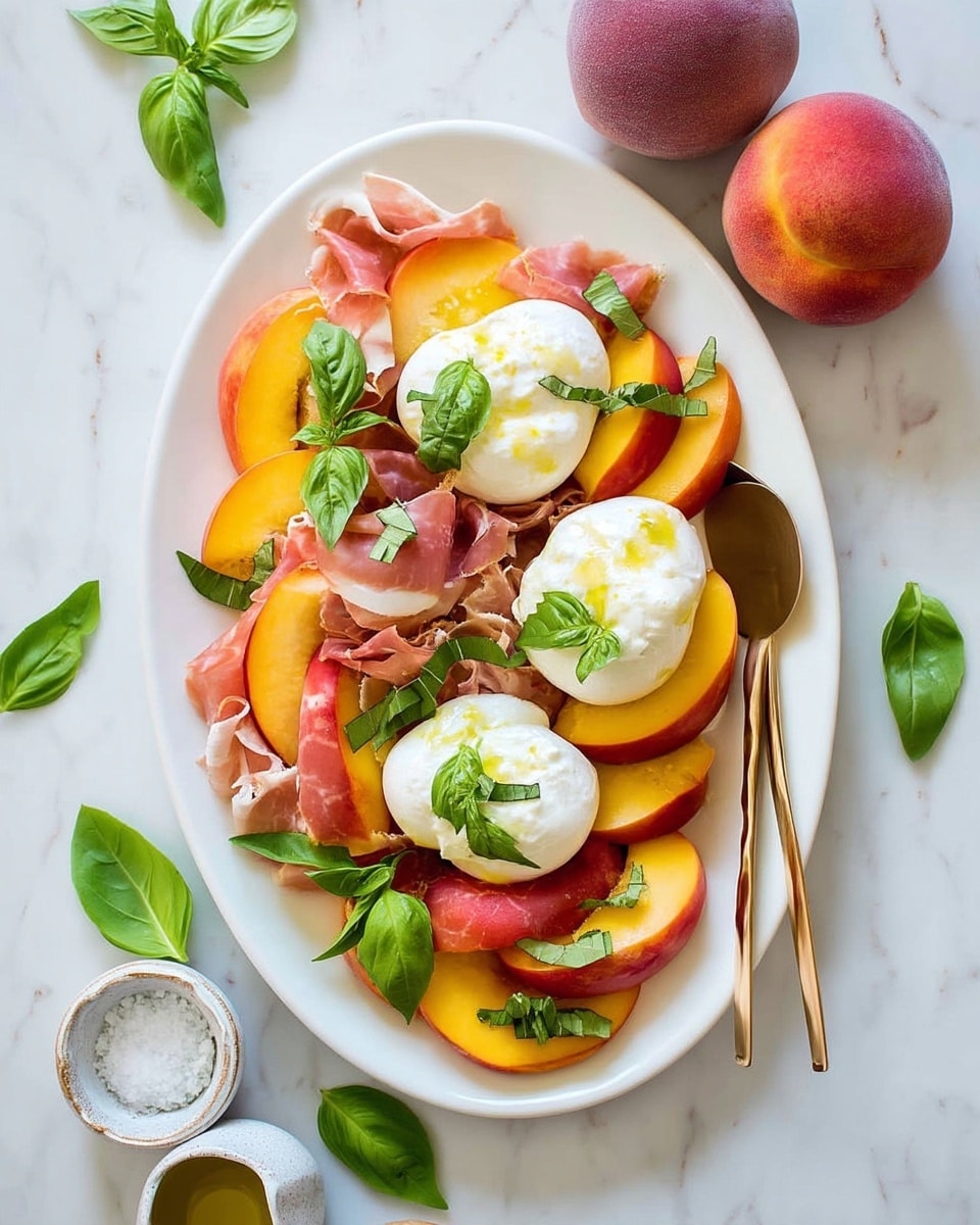 The dish shows three thick slices of white, creamy cheese sitting on top of a base layer of thinly folded pink prosciutto, arranged over bright orange and yellow peach slices. Fresh green basil leaves are scattered on top and around the cheese, adding a pop of color. The food is served on a smooth, white oval plate placed on a white marbled background, with two gold spoons to the right side of the plate. Photo taken with an iphone --ar 4:5 --v 7