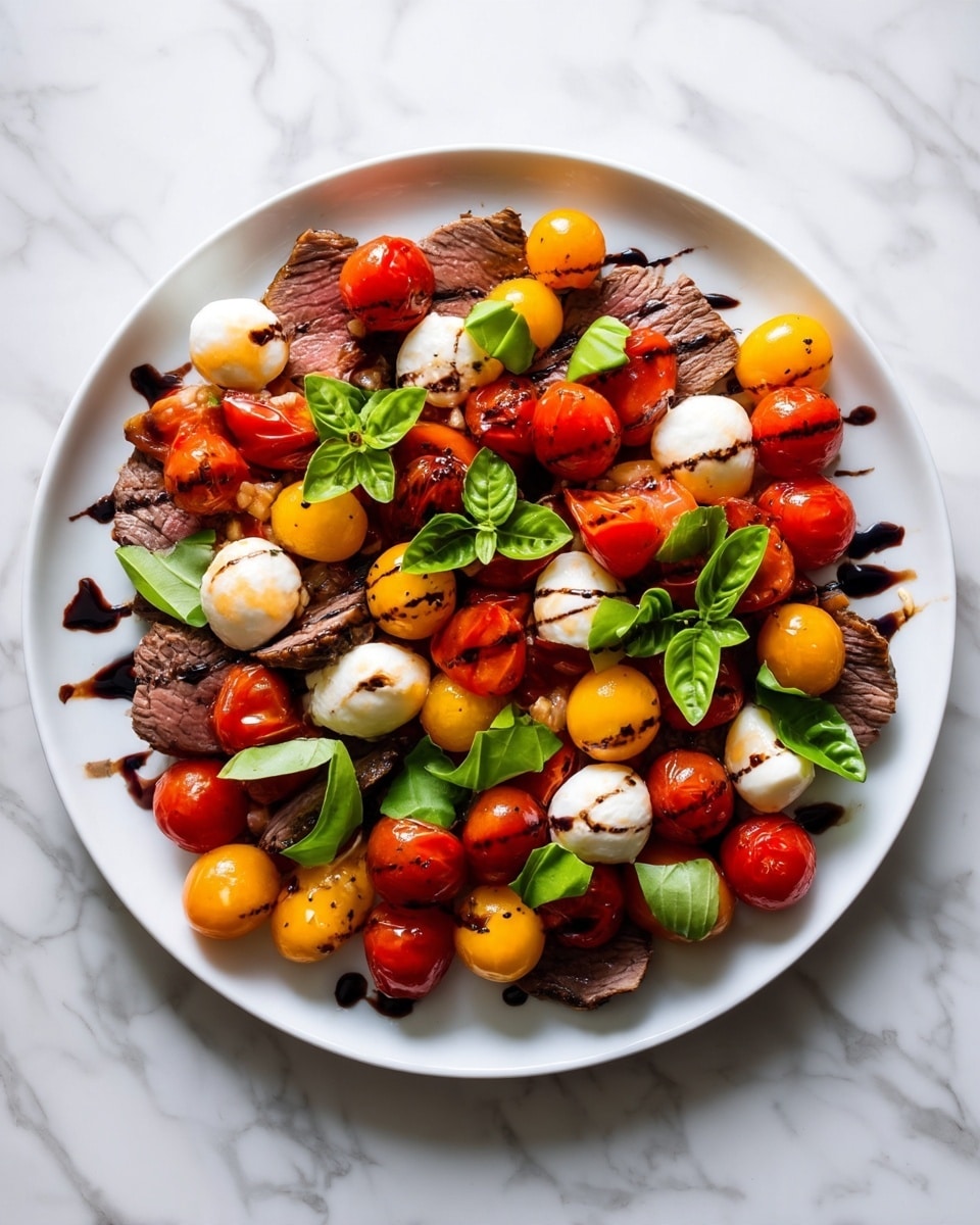 A white plate holds a colorful, layered salad with slices of cooked beef as the base, dark brown with a slightly rough texture. On top, there are roasted cherry tomatoes in red and yellow, some slightly charred and wrinkled, creating a vibrant middle layer. Patches of soft white mozzarella cheese are scattered across the plate, partially melted and creamy. Fresh green basil leaves sit on top, adding a bright, smooth layer. The dish is drizzled with a dark balsamic glaze that creates shiny, thin lines over the ingredients. The plate rests on a white marbled surface. Photo taken with an iphone --ar 4:5 --v 7