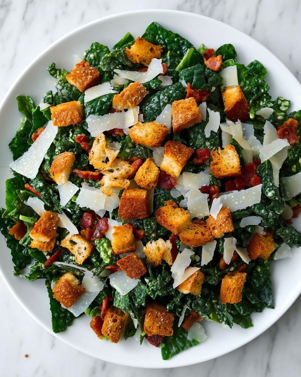 A white plate holds a green kale salad as the base layer, with creamy dressing lightly coating the leaves giving them a slightly glossy texture. Scattered on top are small, crispy golden-brown croutons irregular in shape, adding crunch. Thin, off-white shavings of Parmesan cheese are spread over the salad, resting in small clusters. There are also small bits of reddish-brown bacon pieces mixed evenly throughout the salad. The surface beneath the plate is a white marbled texture. photo taken with an iphone --ar 4:5 --v 7
