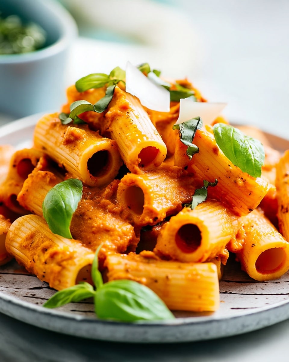 A close-up of rigatoni pasta coated in a creamy orange sauce, arranged in a pile on a white plate with a speckled texture. The rigatoni tubes are well coated with the smooth sauce that clings to the ridges and ends of the pasta. Bright green basil leaves are scattered on top, with a few thin white curls of cheese adding a fresh touch. The background is a soft blur with hints of green and blue, and the surface beneath the plate is a white marbled texture. photo taken with an iphone --ar 4:5 --v 7