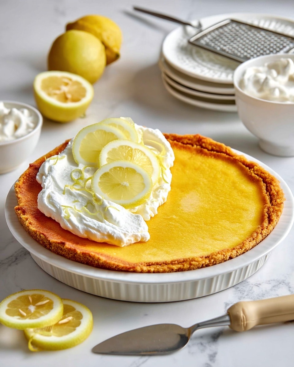 The image shows a lemon tart with three main layers on a white plate over a white marbled surface. The base layer is a golden brown tart crust with a slightly textured and uneven edge, the middle layer is a smooth, bright yellow lemon filling, and the top layer is thick white whipped cream spread unevenly on one side of the tart. On top of the whipped cream, there are three thin, round lemon slices arranged overlapping each other with some thin yellow lemon zest curls scattered over the cream. In the blurred background, two lemon slices and a small bowl of whipped cream are visible. Photo taken with an iphone --ar 4:5 --v 7