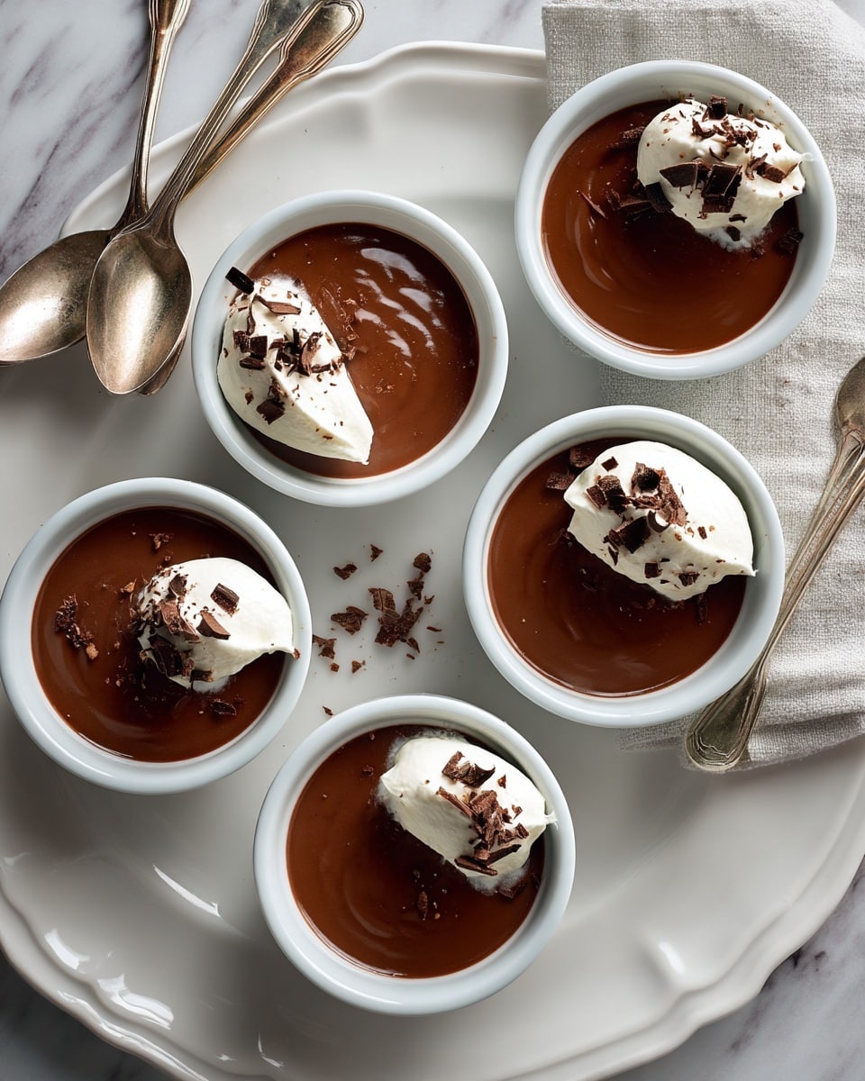Several white ramekins are filled with smooth, dark brown chocolate pudding, each topped with a dollop of soft, white whipped cream slightly off-center. The whipped cream is sprinkled with small pieces of dark chocolate shavings, adding texture and contrast. The ramekins are arranged both on a large white plate with gentle curves and directly on a surface with a white marbled texture. Two vintage silver spoons rest on the edge of the plate, adding a touch of rustic charm. Nearby, a small bowl contains additional dark chocolate chunks. photo taken with an iphone --ar 4:5 --v 7