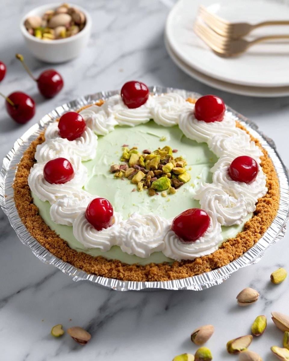 A slice of pie with three visible layers sits on a white plate over a white marbled surface: the bottom crust is golden brown and crumbly, the middle layer is smooth and pale green with a creamy texture, and the top layer features swirled white whipped cream with a shiny red cherry placed in the center. A few small pieces of chopped pistachio nuts, green and light brown, are scattered near the tip of the slice. Photo taken with an iphone --ar 4:5 --v 7
