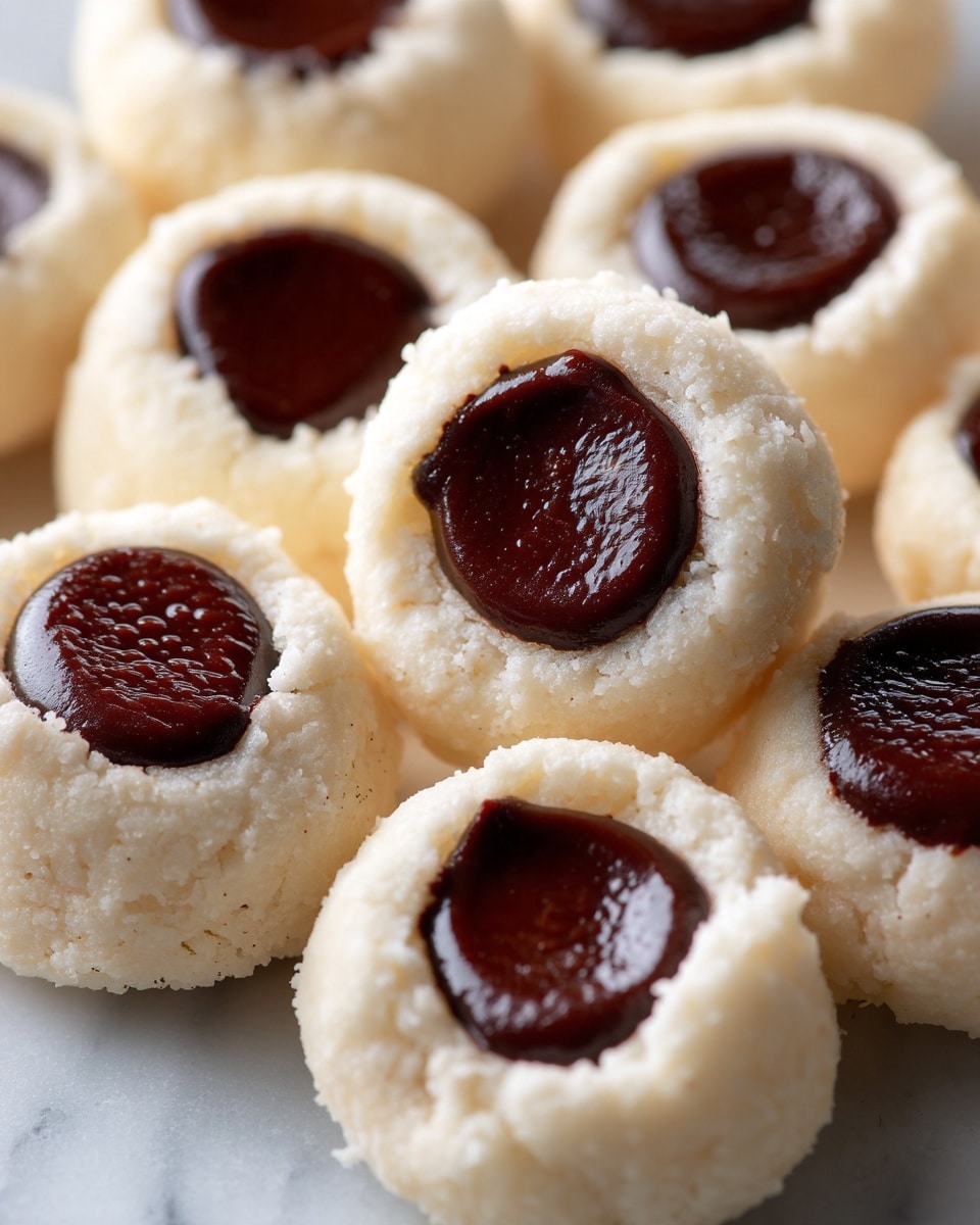 The image shows a close-up view of several small round cookies with two layers visible: the outer layer is crumbly, white, and textured, while the inner layer is smooth, dark chocolate filling placed centrally in each cookie. The cookies are piled together on a white marbled surface, filling the frame. photo taken with an iphone --ar 4:5 --v 7