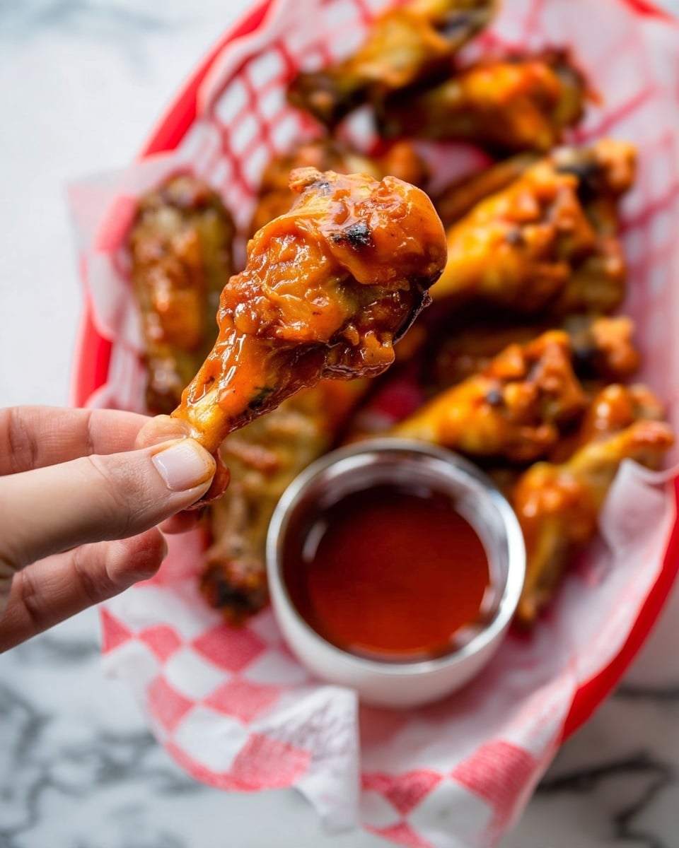 A white basket lined with white and red checkered paper holds a pile of golden brown chicken wings glazed with a glossy, sticky orange sauce. The wings are arranged in a loose stack with visible crispy skin and slightly charred edges on some pieces. At the bottom left corner of the basket, a small white rimmed metal cup is filled with a reddish-orange dipping sauce. The basket sits on a white marbled surface. Photo taken with an iphone --ar 4:5 --v 7