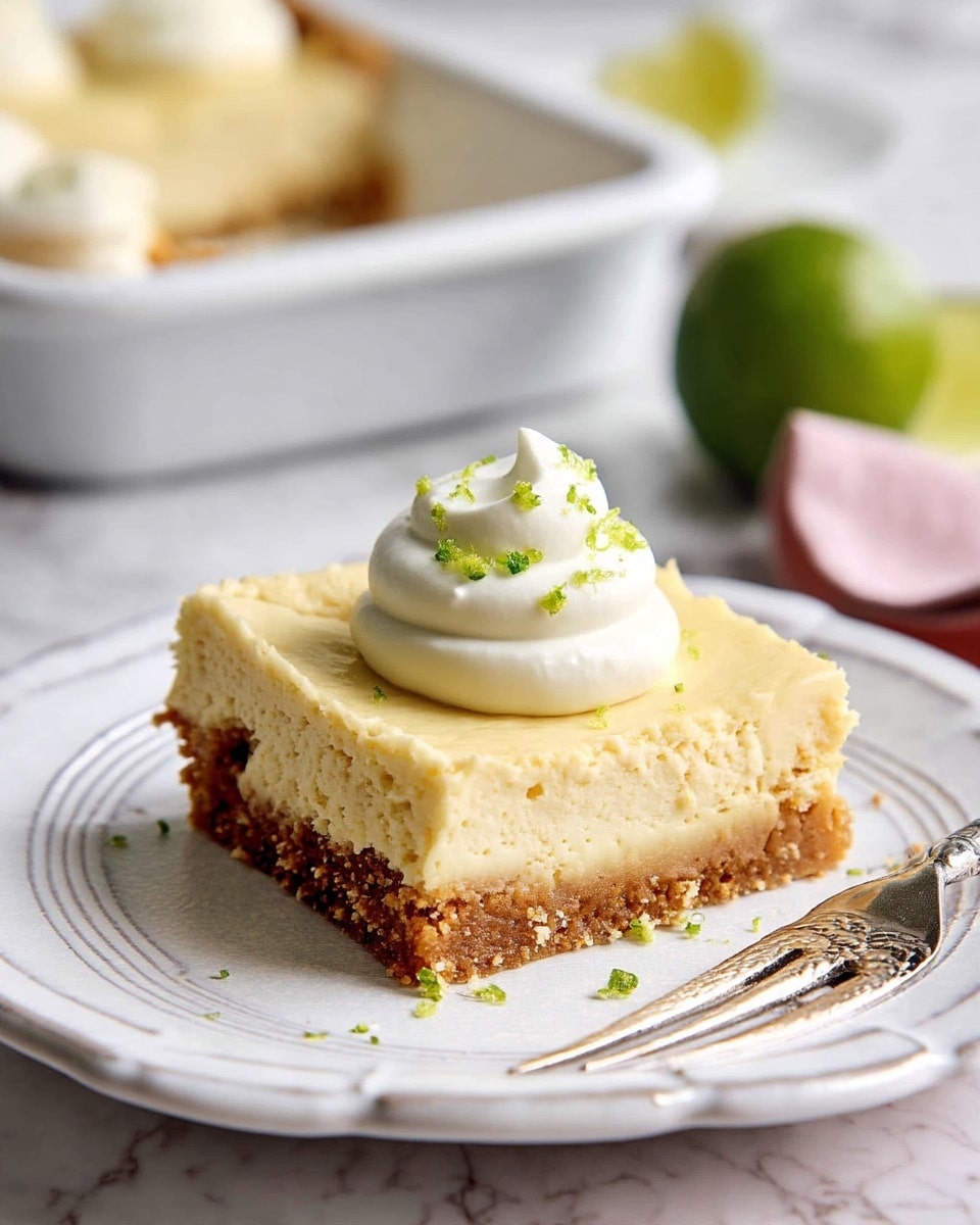 A square piece of cheesecake with two layers sits on a white plate with a textured edge; the bottom layer is a light brown crumbly crust, and the top thick layer is pale yellow and smooth with a creamy texture. On top of the cheesecake is a dollop of white whipped cream with tiny lime zest sprinkled on it, adding a touch of green. A silver fork rests next to the dessert on the plate, and the background is a white marbled surface. photo taken with an iphone --ar 4:5 --v 7