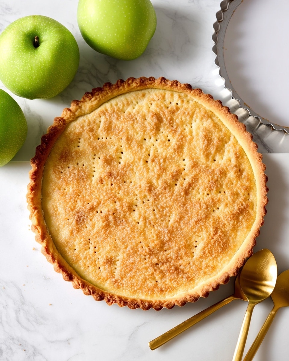 A single-layer round tart with a golden-brown crust sits on a shiny silver base. The crust has a scalloped edge, slightly darker and crisp, while the inner tart surface is smooth and slightly textured with a warm light brown color, showing faint fork marks. The tart is placed on a white marbled surface with two gold spoons beside it on the lower left. photo taken with an iphone --ar 4:5 --v 7